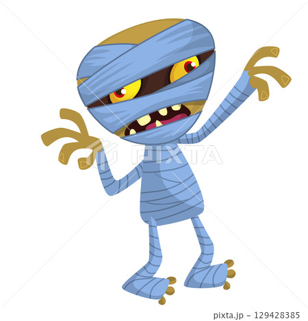 Cartoon funny walking mummy character design. Vector illustration of monster wrapped in strips of linen for Halloween party theamed decoration isolated 129428385
