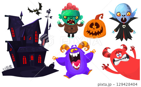 Cartoon set of Halloween characters design. Vector illustration Cartoon set of Halloween characters design. Vector illustration 129428404