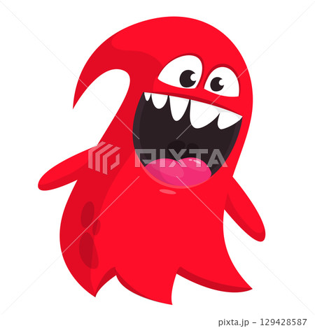Cartoon cute ghost monster with funny excited face expression waving hands . Vector illustration isolated on white. Halloween design 129428587