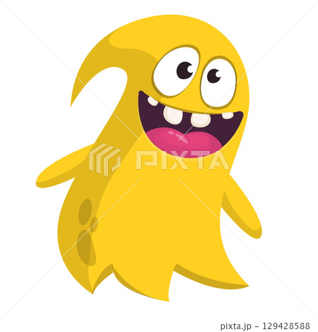Cartoon cute ghost monster with funny excited face expression waving hands . Vector illustration isolated on white. Halloween design Cartoon cute ghost monster with funny excited face expression waving hands . Vector illustration isolated on white. Halloween design 129428588