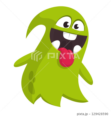 Cartoon cute ghost monster with funny excited face expression waving hands Cartoon cute ghost monster with funny excited face expression waving hands 129428590