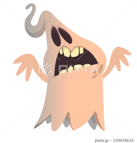 Cartoon cute ghost monster with funny excited face expression waving hands Cartoon cute ghost monster with funny excited face expression waving hands 129428610