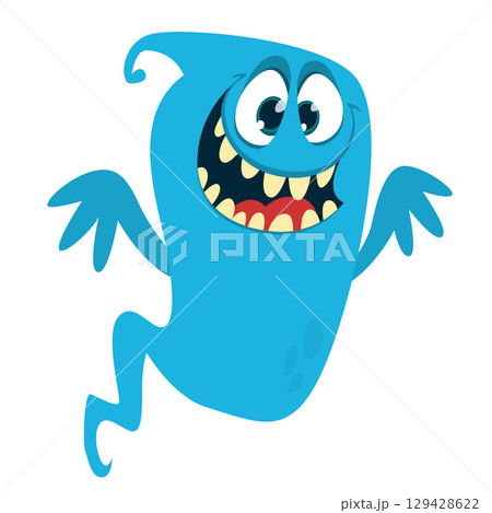 Cartoon cute ghost monster with funny excited face expression waving hands Cartoon cute ghost monster with funny excited face expression waving hands 129428622