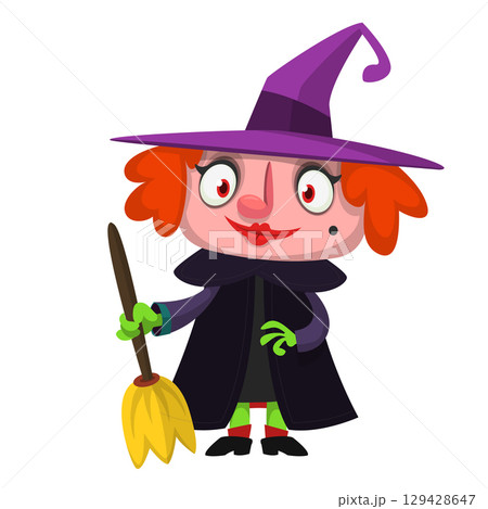 Cute cartoon witch character design. Halloween vector illustration of red haired  witch lady in big hat with a broom. 129428647