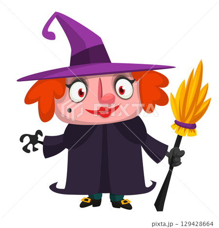 Cute cartoon witch character design. Halloween vector illustration of red haired witch lady in big hat with a broom. Cute cartoon witch character design. Halloween vector illustration of red haired witch lady in big hat with a broom. 129428664