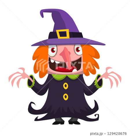 Cute cartoon witch character design. Halloween vector illustration of red haired  witch lady in big hat with a broom. 129428676