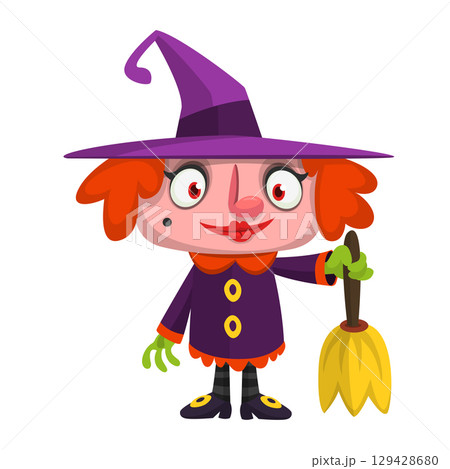 Cute cartoon witch character design. Halloween vector illustration of red haired witch lady in big hat with a broom. Cute cartoon witch character design. Halloween vector illustration of red haired witch lady in big hat with a broom. 129428680