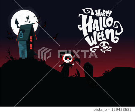 Cartoon Halloween Haunted house background with moon on the night background Cartoon Halloween Haunted house background with moon on the night background 129428685