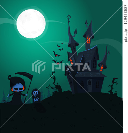 Cartoon Halloween Haunted house background with moon on the night background Cartoon Halloween Haunted house background with moon on the night background 129428687
