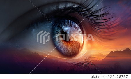 Beautiful, unusual, bright eye close-up with details of light blue iris. Ophthalmologist, buying glasses and optics, advertising vision Beautiful, unusual, bright eye close-up with details of light blue iris. Ophthalmologist, buying glasses and optics, advertising vision 129428727