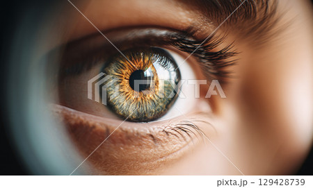 Beautiful, unusual, bright eye close-up with details of light blue iris. Ophthalmologist, buying glasses and optics, advertising vision 129428739