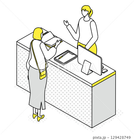 女性受付と女性来訪者の会話イラスト 129428749
