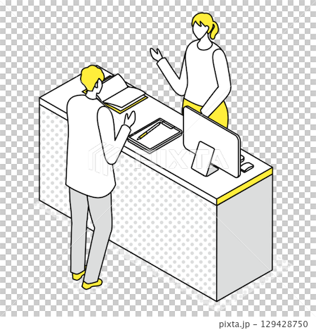 女接待員與男訪客之間的對話插圖 女接待員與男訪客之間的對話插圖 129428750