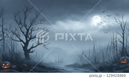 不気味なハロウィンの風景と満月 129428860