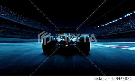 夜のサーキットを走るフォーミュラカー 129428870