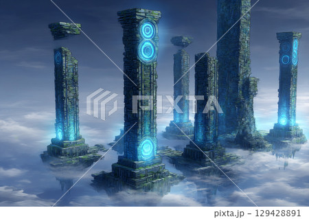 幻想的な空中の柱と青い光のエフェクト 129428891