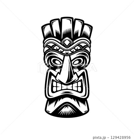 Tiki totem mask, Hawaiian indigenous vintage ritual mack. Hawaiian totems made wood and stone for bars and resorts for paradise holidays. Vector illustration Tiki totem mask, Hawaiian indigenous vintage ritual mack. Hawaiian totems made wood and stone for bars and resorts for paradise holidays. Vector illustration 129428956