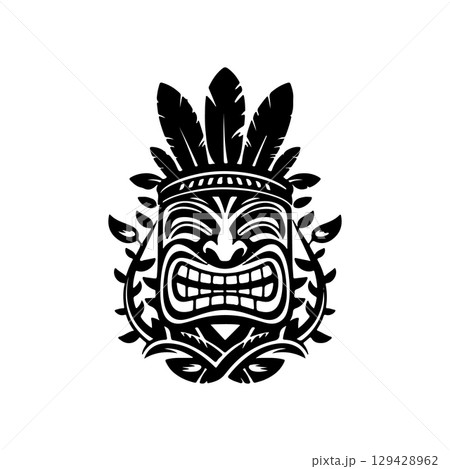 Tiki totem mask, Hawaiian indigenous vintage ritual mack. Hawaiian totems made wood and stone for bars and resorts for paradise holidays. Vector illustration Tiki totem mask, Hawaiian indigenous vintage ritual mack. Hawaiian totems made wood and stone for bars and resorts for paradise holidays. Vector illustration 129428962