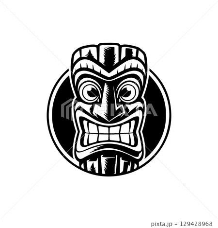 Tiki totem mask, Hawaiian indigenous vintage ritual mack. Hawaiian totems made wood and stone for bars and resorts for paradise holidays. Vector illustration Tiki totem mask, Hawaiian indigenous vintage ritual mack. Hawaiian totems made wood and stone for bars and resorts for paradise holidays. Vector illustration 129428968