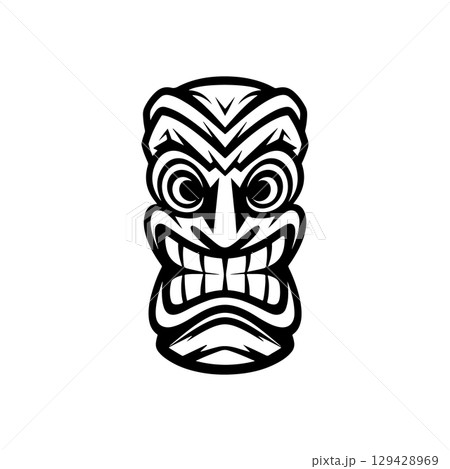 Tiki totem mask, Hawaiian indigenous vintage ritual mack.  Hawaiian totems made wood and stone for bars and resorts for paradise holidays. Vector illustration 129428969