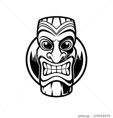 Tiki totem mask, Hawaiian indigenous vintage ritual mack.  Hawaiian totems made wood and stone for bars and resorts for paradise holidays. Vector illustration 129428974