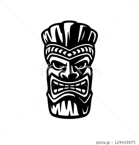 Tiki totem mask, Hawaiian indigenous vintage ritual mack. Hawaiian totems made wood and stone for bars and resorts for paradise holidays. Vector illustration Tiki totem mask, Hawaiian indigenous vintage ritual mack. Hawaiian totems made wood and stone for bars and resorts for paradise holidays. Vector illustration 129428975