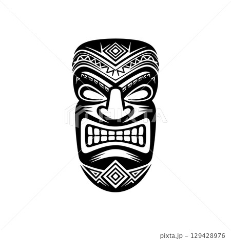 Tiki totem mask, Hawaiian indigenous vintage ritual mack.  Hawaiian totems made wood and stone for bars and resorts for paradise holidays. Vector illustration 129428976