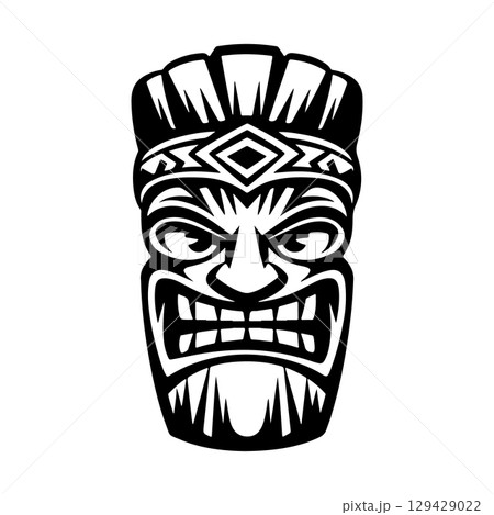 Tiki totem mask, Hawaiian indigenous vintage ritual mack. Hawaiian totems made wood and stone for bars and resorts for paradise holidays. Vector illustration Tiki totem mask, Hawaiian indigenous vintage ritual mack. Hawaiian totems made wood and stone for bars and resorts for paradise holidays. Vector illustration 129429022