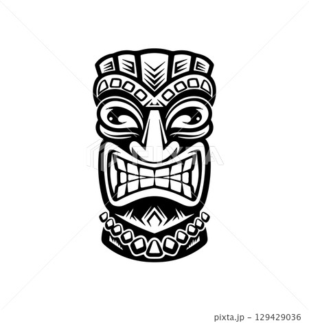 Tiki totem mask, Hawaiian indigenous vintage ritual mack. Hawaiian totems made wood and stone for bars and resorts for paradise holidays. Vector illustration Tiki totem mask, Hawaiian indigenous vintage ritual mack. Hawaiian totems made wood and stone for bars and resorts for paradise holidays. Vector illustration 129429036