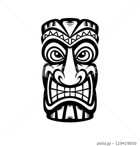Tiki totem mask, Hawaiian indigenous vintage ritual mack. Hawaiian totems made wood and stone for bars and resorts for paradise holidays. Vector illustration Tiki totem mask, Hawaiian indigenous vintage ritual mack. Hawaiian totems made wood and stone for bars and resorts for paradise holidays. Vector illustration 129429050