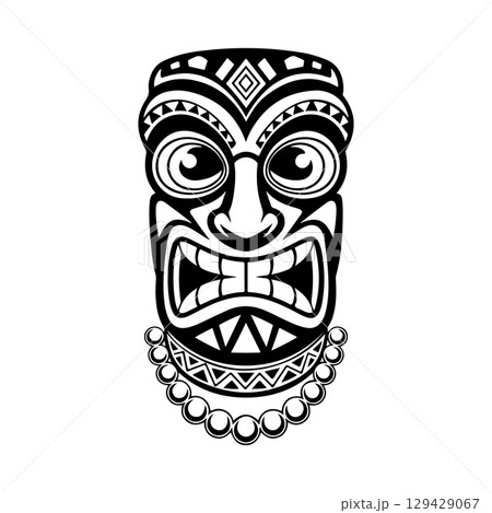Tiki totem mask, Hawaiian indigenous vintage ritual mack. Hawaiian totems made wood and stone for bars and resorts for paradise holidays. Vector illustration Tiki totem mask, Hawaiian indigenous vintage ritual mack. Hawaiian totems made wood and stone for bars and resorts for paradise holidays. Vector illustration 129429067