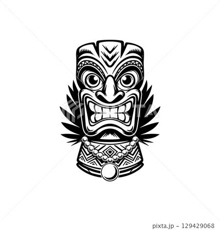 Tiki totem mask, Hawaiian indigenous vintage ritual mack. Hawaiian totems made wood and stone for bars and resorts for paradise holidays. Vector illustration Tiki totem mask, Hawaiian indigenous vintage ritual mack. Hawaiian totems made wood and stone for bars and resorts for paradise holidays. Vector illustration 129429068