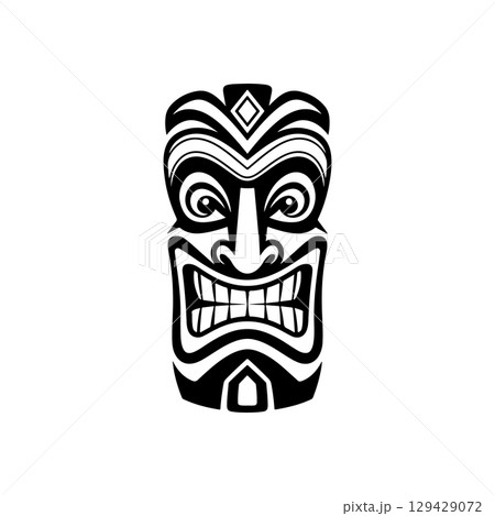 Tiki totem mask, Hawaiian indigenous vintage ritual mack. Hawaiian totems made wood and stone for bars and resorts for paradise holidays. Vector illustration Tiki totem mask, Hawaiian indigenous vintage ritual mack. Hawaiian totems made wood and stone for bars and resorts for paradise holidays. Vector illustration 129429072