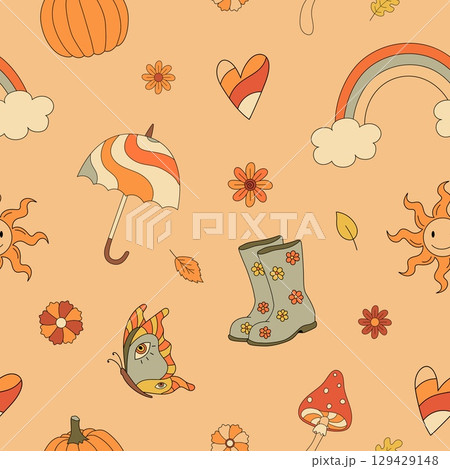 Autumn groovy seamless pattern with rainbow, mushrooms, umbrella. Fall vibes. Retro 70s vector illustration. Hippie style. Fabric, textile design 129429148