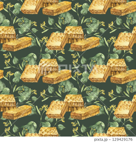 Organic floral watercolor seamless pattern on dark with natural honey golden combs and green linden branches illustration.Rustic style background for home textile ,fabric design. Elegant foliage 129429176