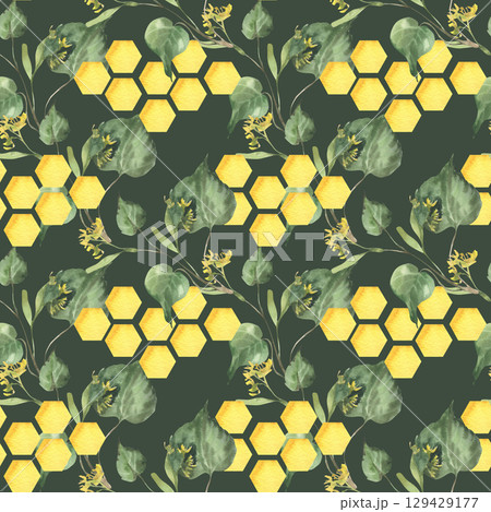 Floral greenery watercolor seamless pattern on dark with linden branches and golden honey combs illustration.Foliage background with organic food and botanical elements for textile,packing design 129429177
