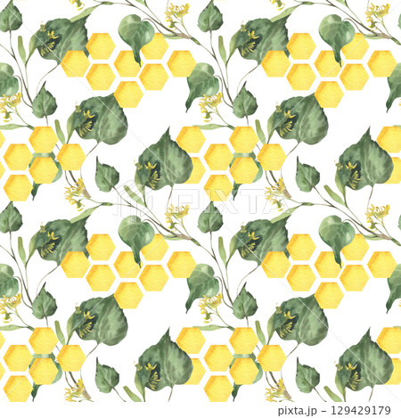Floral greenery watercolor seamless pattern with linden branches and golden honey combs illustration. Hand drawn foliage background with organic food and botanical elements for textile,packing design 129429179