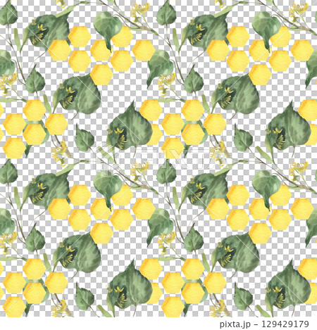 Floral greenery watercolor seamless pattern with linden branches and golden honey combs illustration. Hand drawn foliage background with organic food and botanical elements for textile,packing design 129429179