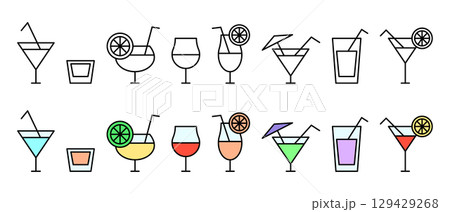 Alcoholic cocktail icons set. Cocktail glasses flat icons. Vector isolated on white background. 129429268