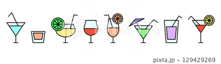 Alcoholic cocktail icons set. Cocktail glasses flat icons. Vector isolated on white background. 129429269