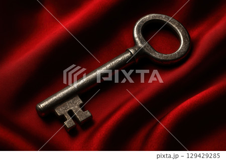 An antique-style skeleton key holds many secrets while resting upon luxurious, deep red silk fabric An antique-style skeleton key holds many secrets while resting upon luxurious, deep red silk fabric 129429285
