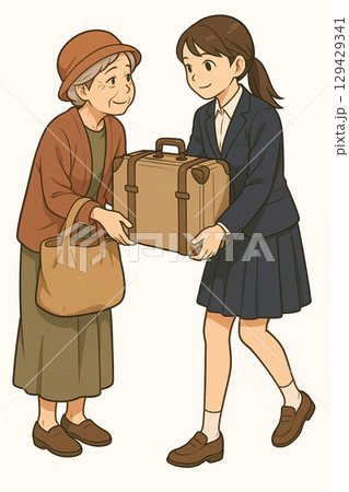 女性の荷物を持つ女子学生 女性の荷物を持つ女子学生 129429341