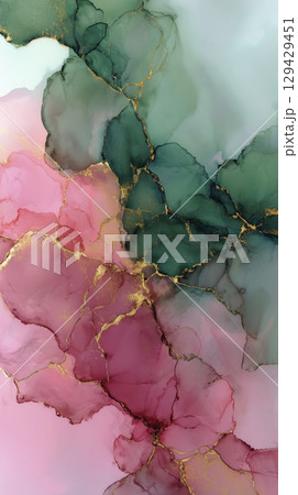 This abstract alcohol ink painting features soft pink and green hues with gold accents, creating calming and elegant visual effect that evokes serenity and sophistication 129429451