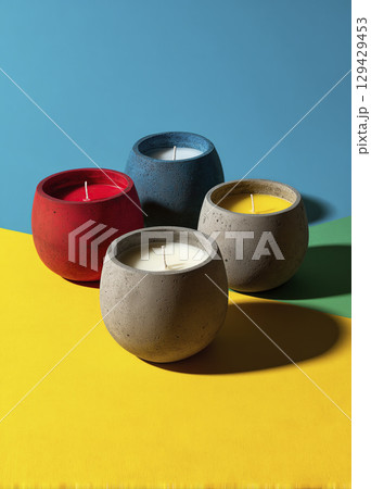 Set of four colorful candles in round concrete holders on vibrant yellow, green, and blue background, creating modern and lively decorative display with shadows and bright lighting 129429453