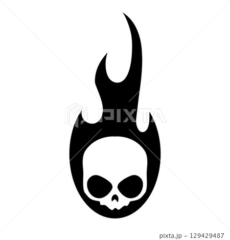 Burning skull on fire, skull icon illustration. Gothic design for prints. Comic style. Sticker for Horror or Halloween. Hand drawing illustration isolated on white background. Vector EPS 10 129429487