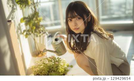観葉植物を愛でる女性 129429654