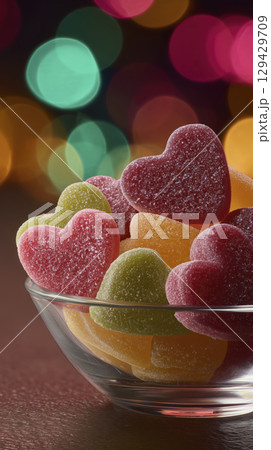 Transparent glass bowl overflowing with vibrant heart shaped gummy candy coated sugar. Delicious sweet snack with soft colorful bokeh lights background evoking festive celebration and sweet love 129429709