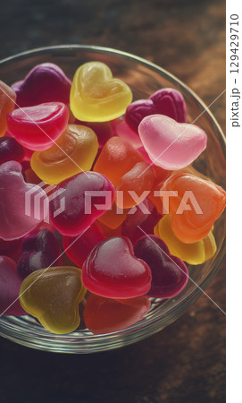 Colorful vibrant heart shaped gummy candy fills clear glass bowl, sweet food snack and treat perfect for parties or Valentine Day, evoking feelings of joy and celebration 129429710