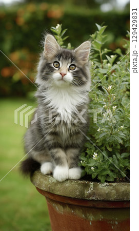 Fluffy kitten sitting outdoor in garden pot. Young domestic feline pet with grey and white fur posing looking camera curious happy expression bokeh background Fluffy kitten sitting outdoor in garden pot. Young domestic feline pet with grey and white fur posing looking camera curious happy expression bokeh background 129429831