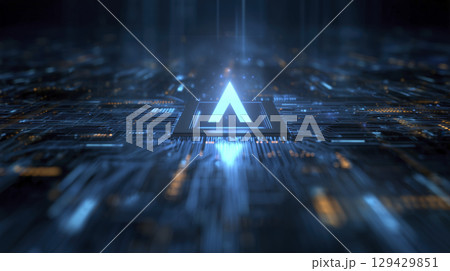 Glowing blue symbol futuristic circuit board representing advanced technology and artificial intelligence conveying innovation and digital power data network processor light effects bokeh 129429851